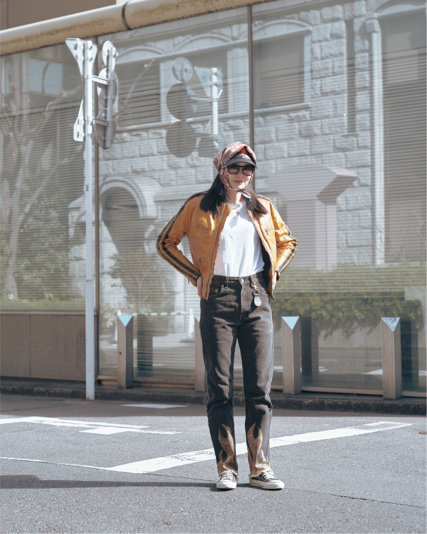 CAP_Aimé Leon Dore SUNGLASS_MATSUDA RIDER’S JACKET_Lewis Leathers T-SHIRT_FRUIT OF THE LOOM（VINTAGE）DENIM PANTS_Levi’s（REMAKE）SNEAKER_CONVERSE